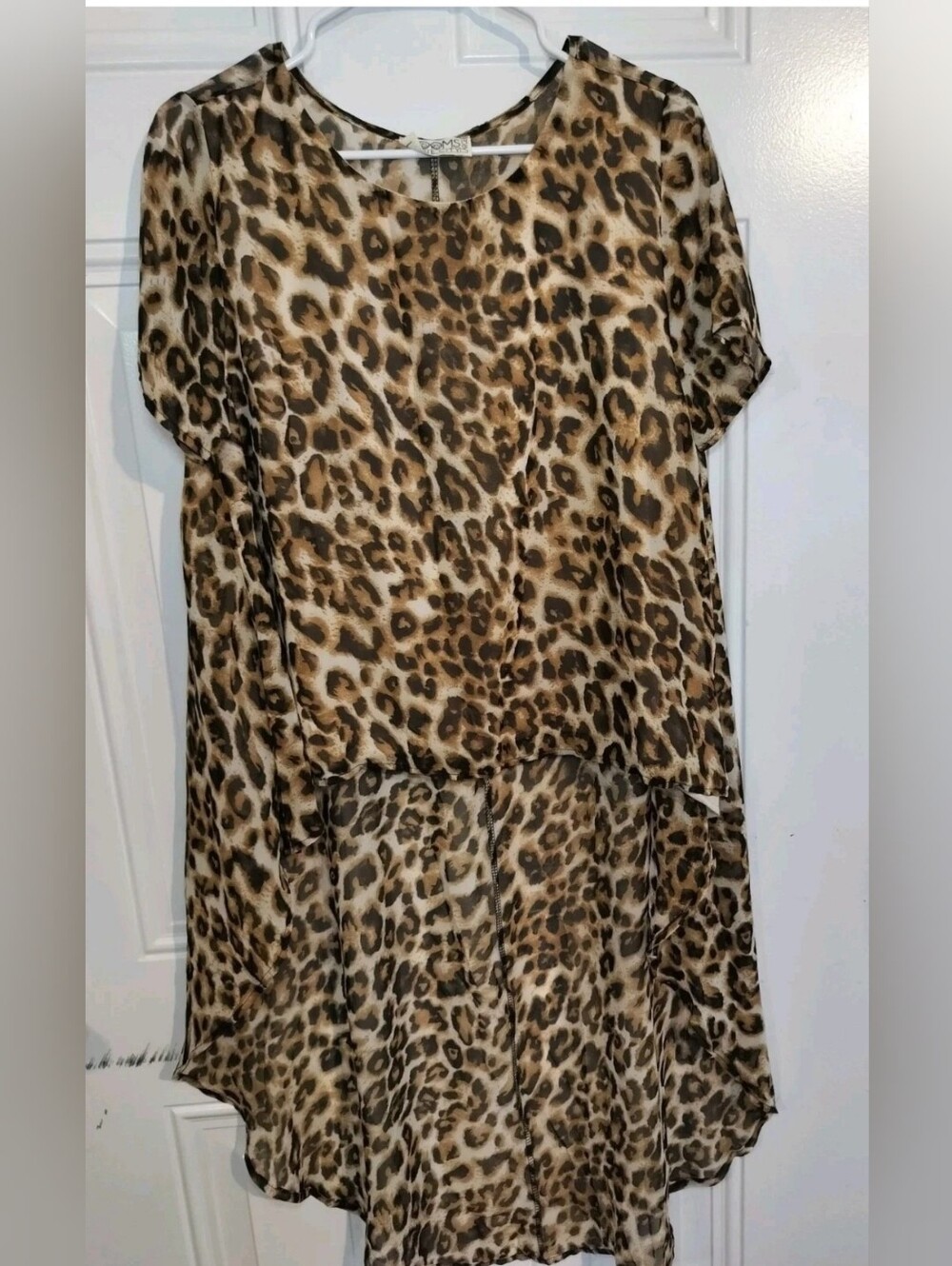 Women’s Leopard Print Hi-Low Tunic Blouse Sheer Layered Short Sleeve Size L Made - Picture 2 of 7